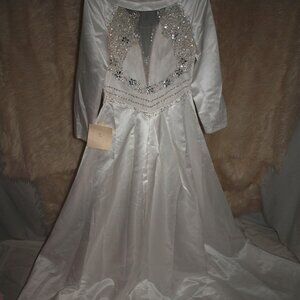 NEW White DRESS Long Satin BY LANTING Sheer Embellished Front&Back Size M